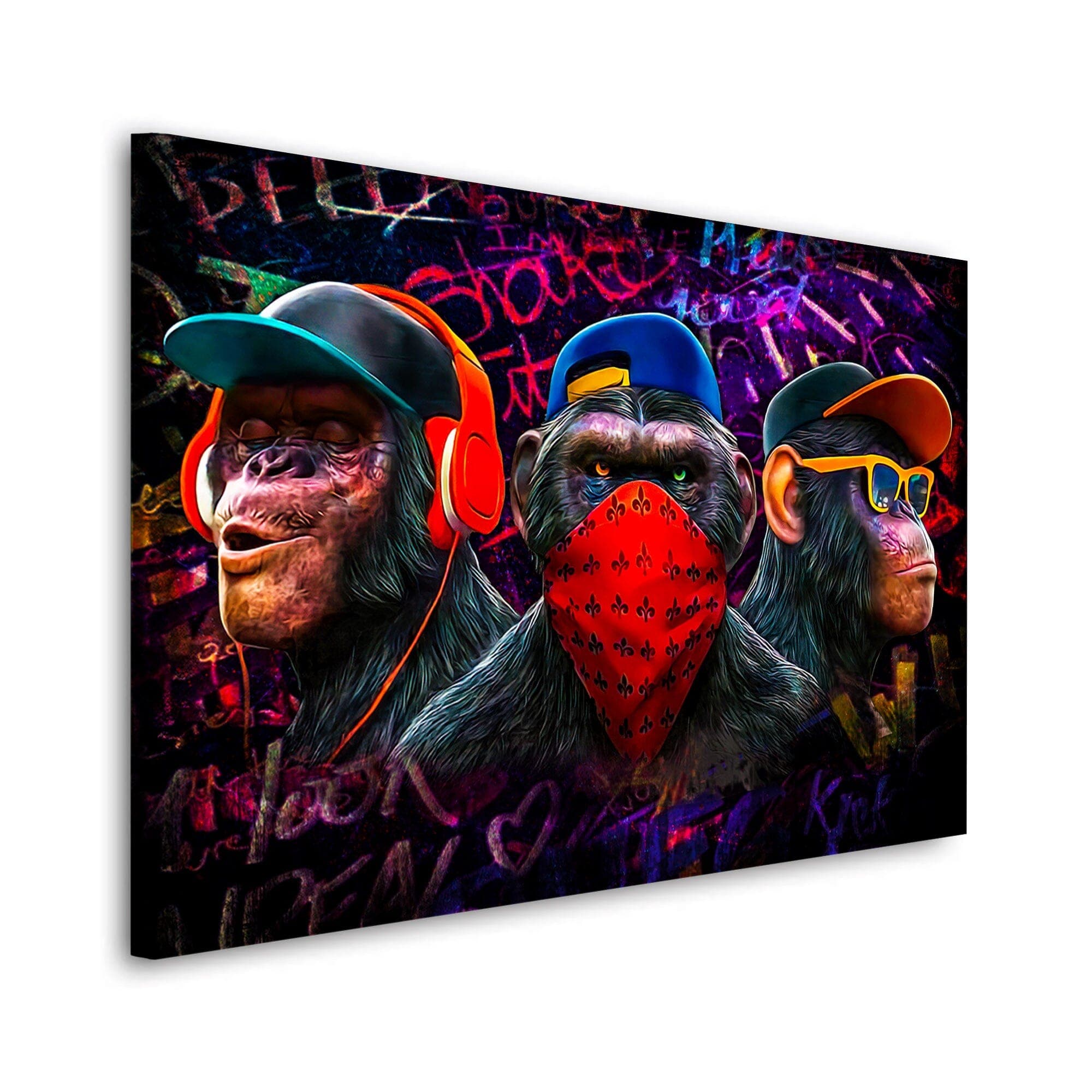 Banksy 3 Wise Swag Monkeys Canvas Wall Art – Framed Print – Ready To Hang – Large Giclee On Canvas