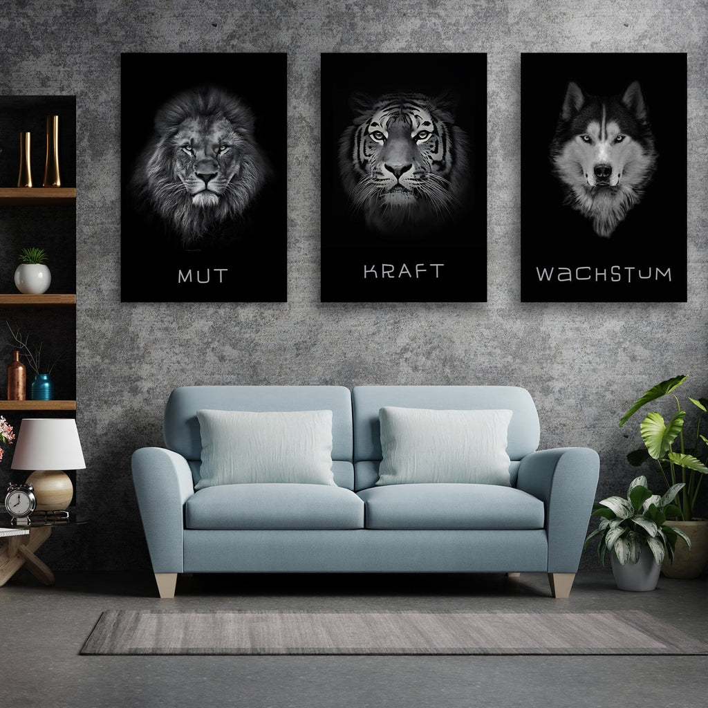 Mut Kraft Wachstum - Löwe Wolf Tiger Motivation Bundle (3er Set) - Premium  Wandbild